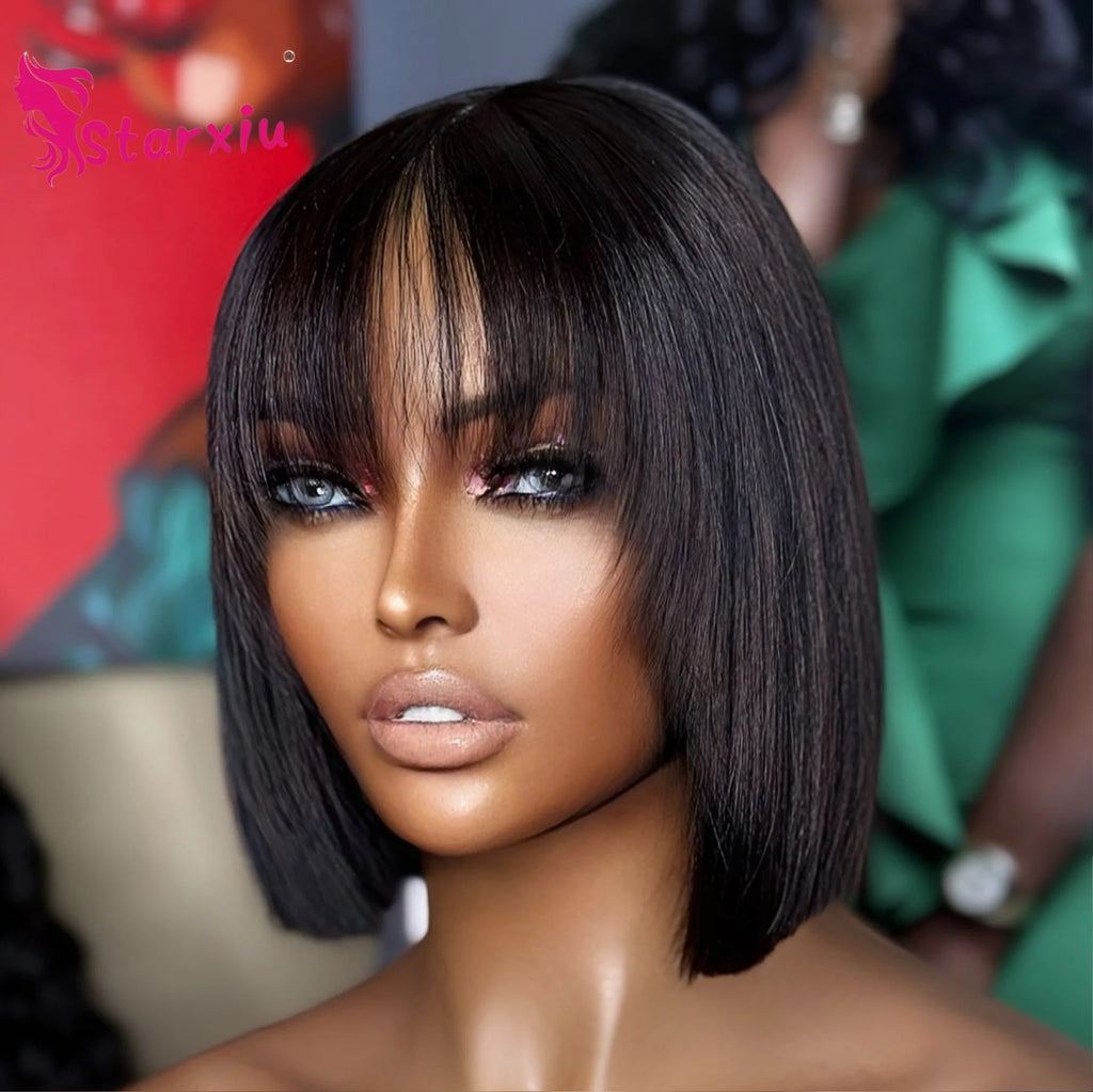 100% Human Hair Bob Wig With Bangs Short Straight Wig for Women Daily Use