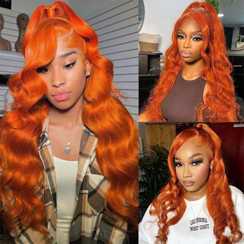 Ginger Orange Body Wave Human Hair Lace Front Wig #350 Colored 13x6 Pre Plucked 200%