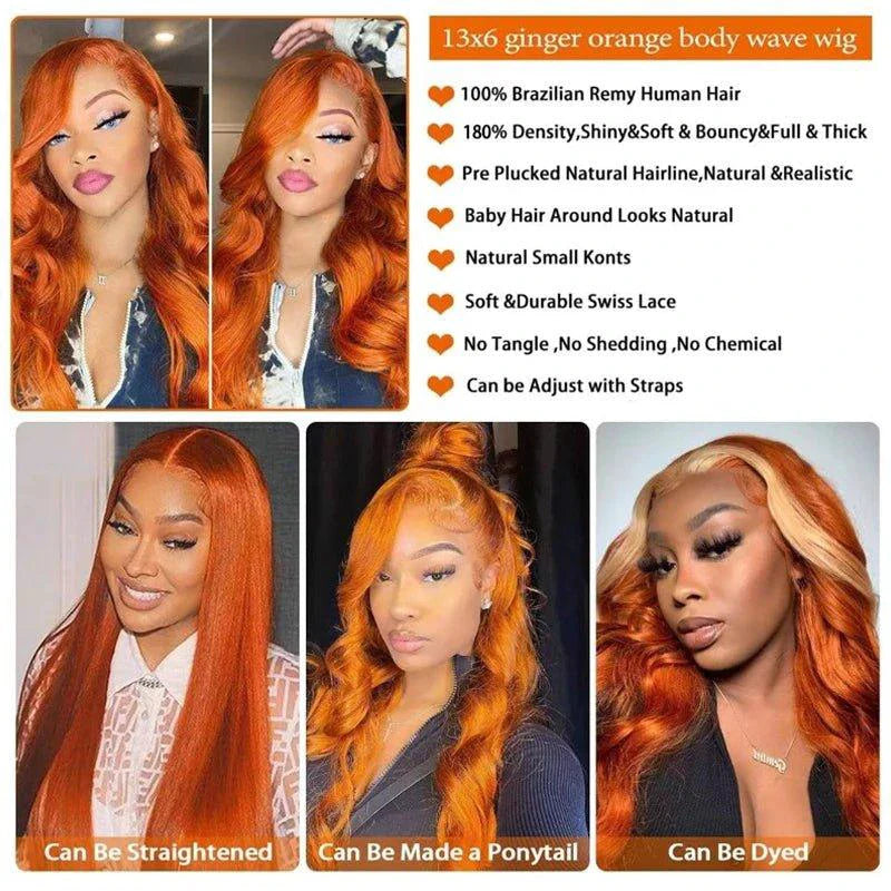 Ginger Orange Body Wave Human Hair Lace Front Wig #350 Colored 13x6 Pre Plucked 200%